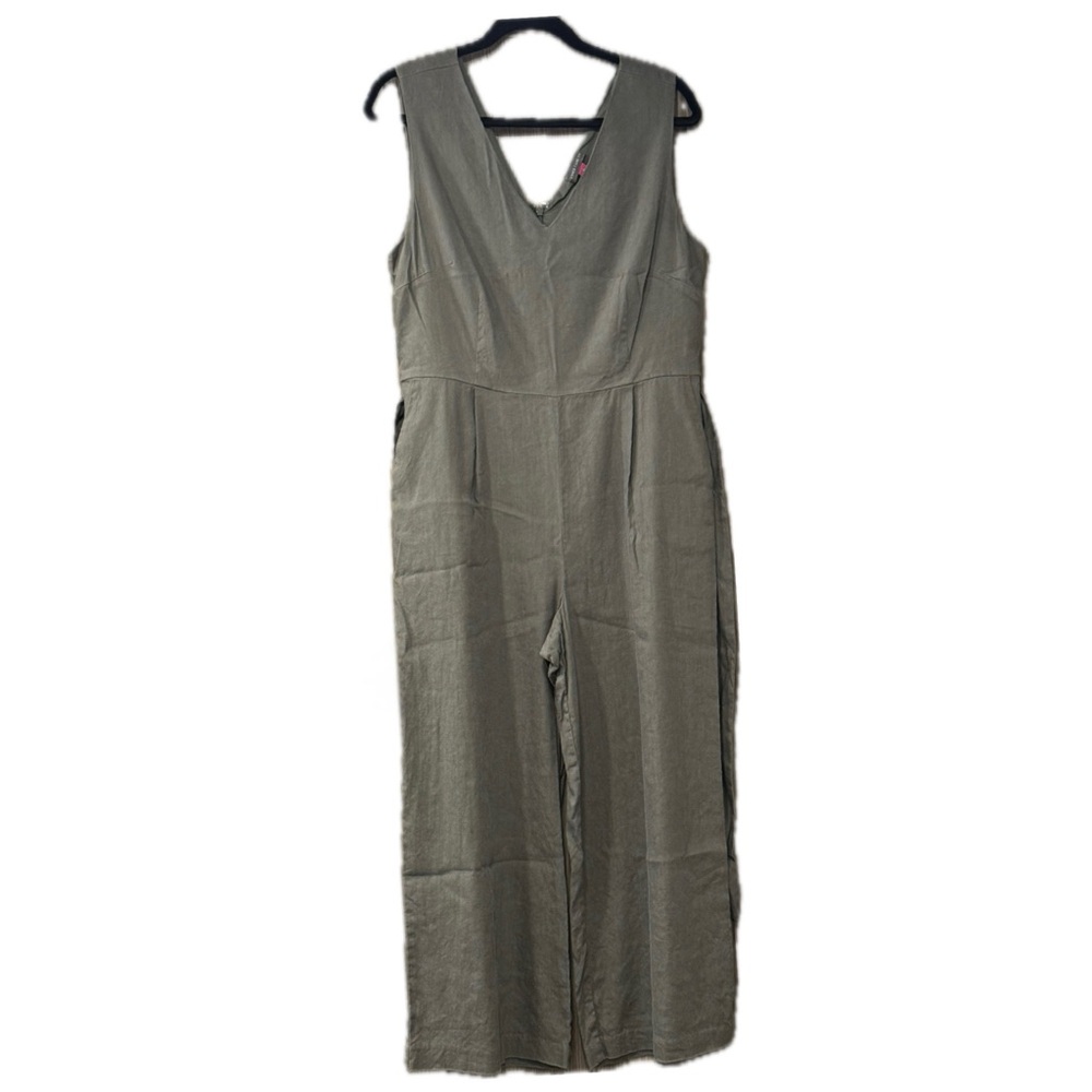 Vince Camuto Olive Green Linen-Blend Wide Leg Jumpsuit - Size 12